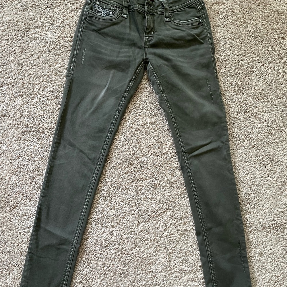 Rock Revival Green Skinny Jeans with Ornate Stitching - Picture 3 of 4